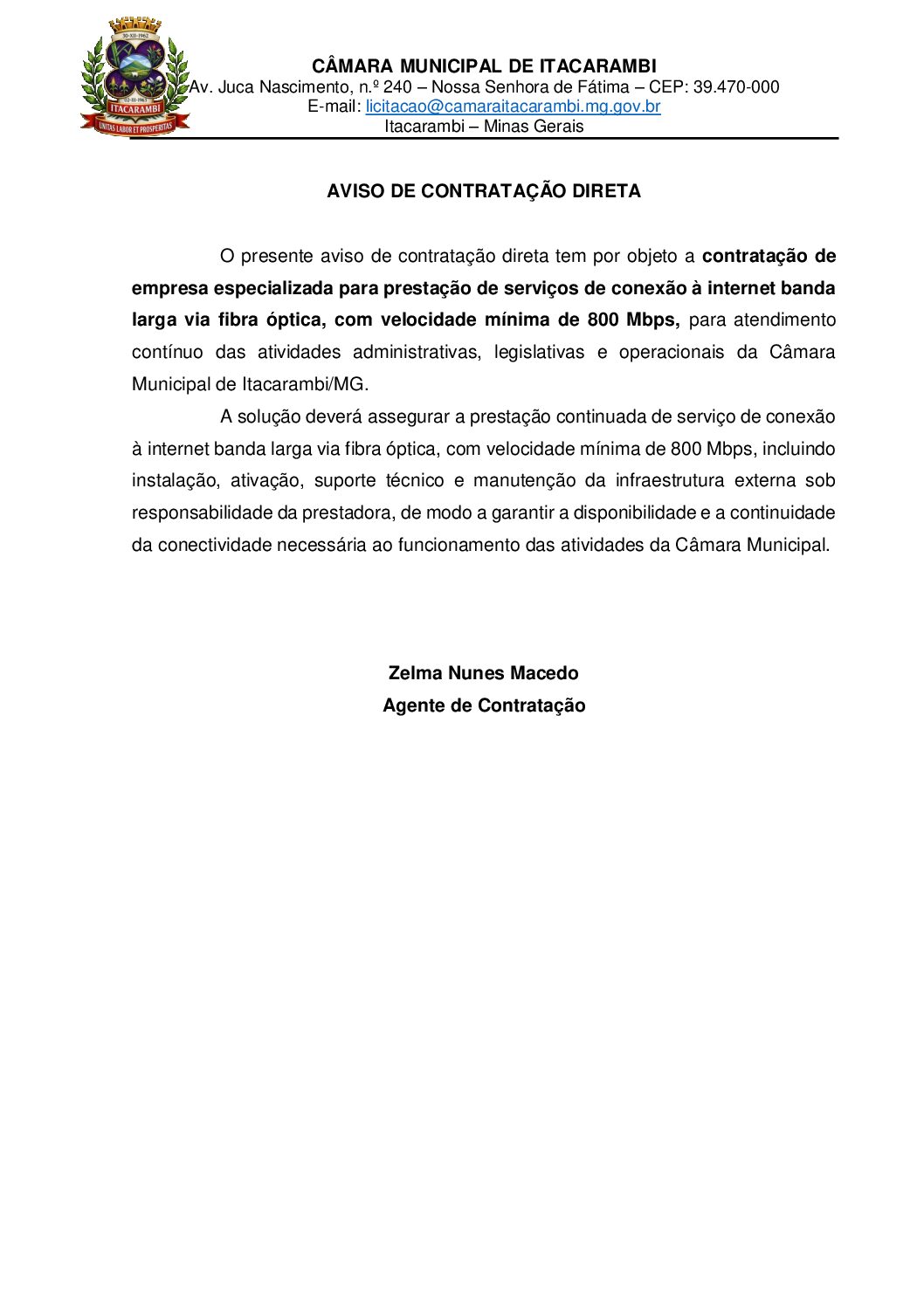 Aviso de Dispensa - Internet